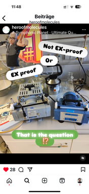 Dr. Täuscher posts on social media as the "Hero of Molecules," here with the MZ 2C diaphragm vacuum pump (right) and as ATEX version (left)