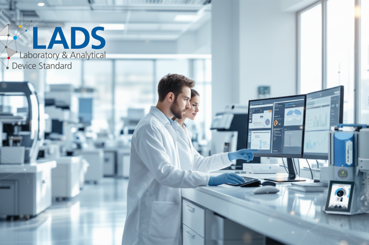 Modern laboratory with two lab workers in front of a computer, besides on a table the VACUUBRAND vacuum pump PC 3001 VARIO select is placed as an integrated part of the digital laboratory thanks to LADS OPC UA interface.