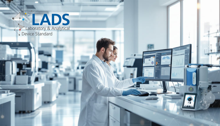 Modern laboratory with two lab workers in front of a computer, besides on a table the VACUUBRAND vacuum pump PC 3001 VARIO select is placed as an integrated part of the digital laboratory thanks to LADS OPC UA interface.