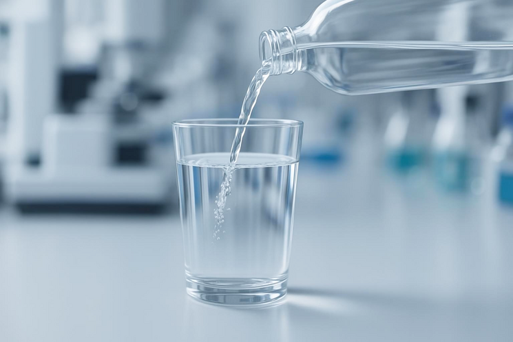 Water is poured from a glass bottle into a glass on a table, lab instuments in the background