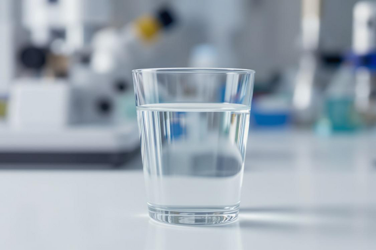 Glass with water on a table, lab instruments in the background